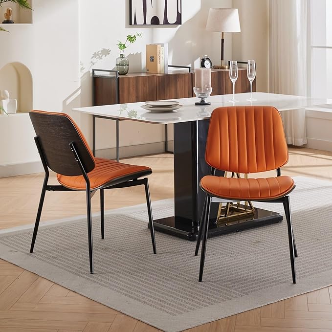 YaFiti Dining Chairs Set of 2, Mid Century Modern Dining Room Chairs, Upholstered PU Leather Vertical Stripe Kitchen Chair with Walnut Bentwood and Metal Legs, Orange