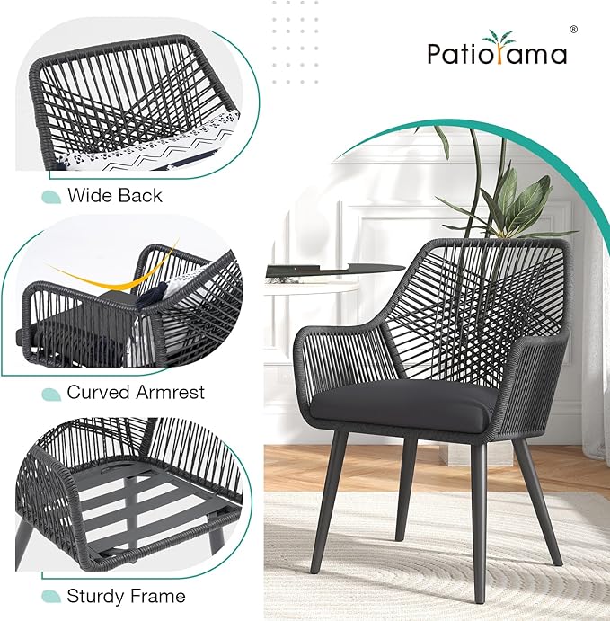 Patiorama Patio Dining Chair Set of 2,Woven Rope Outdoor Dining Chairs w/Steel Frame,All-Weather Twisted Rattan Chairs w/Armrest & Cushion,Outdoor Dining Wicker Chairs for Backyard Garden(Dark Grey)