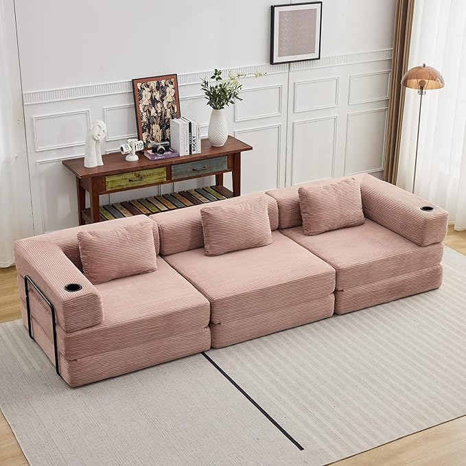 118" Oversized Convertible Floor Sofa Bed, Boneless Foldable Mattress Cloud Couch with Pillow Back & Armrest, Fold Out Floor Couch with Cup Holder for Living Room Bedroom Lounge, Corduroy, Pink