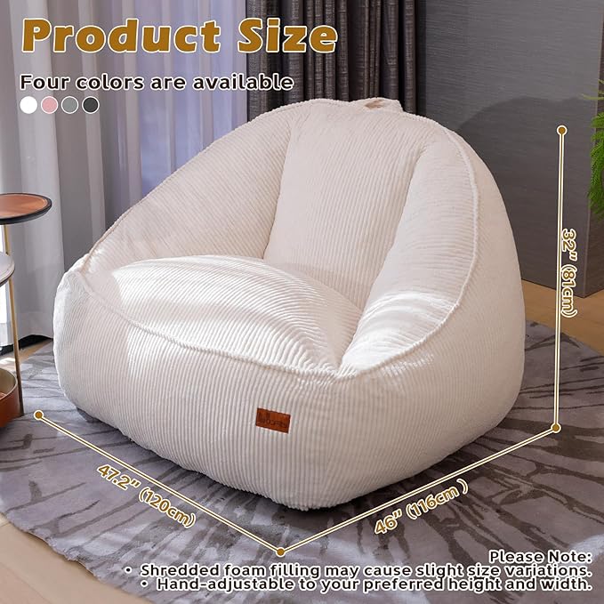 Giant Bean Bag Chair for Adults, Teens and Kids, Cozy Fluffy Corduroy Beanbag Chair with Filler, Large Floor Lounge Sofa for Living Room, Bedroom, Dorm, Gaming and Reading（L-White）