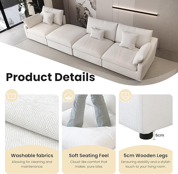 Modular Sectional Sofa,119inch V Shaped Down Filled Cloud Couch,5 Seater Convertible Sofa Living Room Set,Cover Washable and Replaceable Couches for Living Room,White
