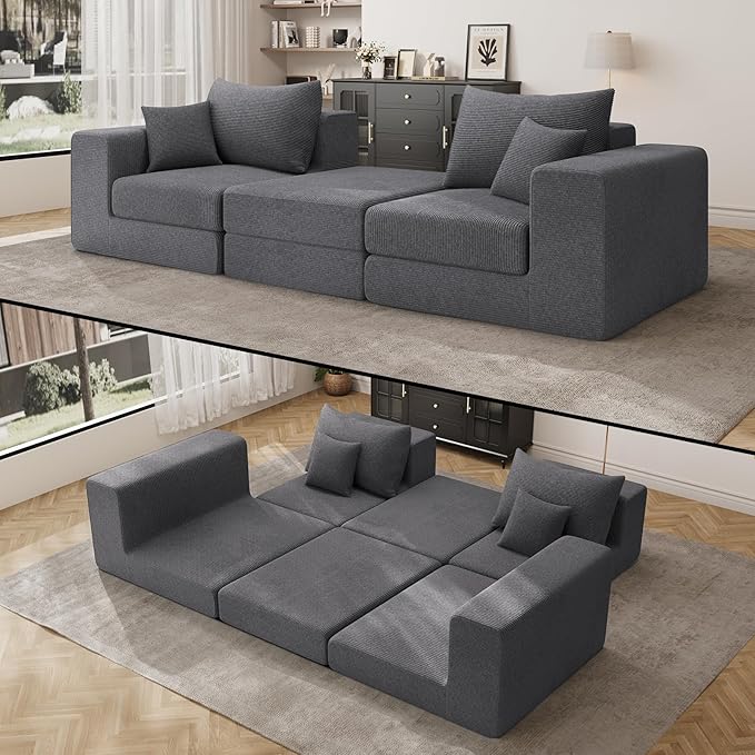 DAMAIFROM 80" Convertible Sleeper Sofa Bed with Soft Pillow, Corduroy Folding Mattress Couch with L-Shape Chaise, Modular Floor Sofa Lounge Couch for Living Room Bedroom Lounge (Grey)