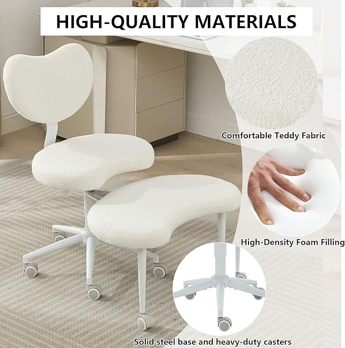 Meditation Chair with Lumbar Support,360° Swivel Cross Legged Chair with Wheels, Ergonomic Cross Legged Office Chair for Adults with ADHD, Height-Adjustable Yoga Chair, Teddy Fabric, Ivory