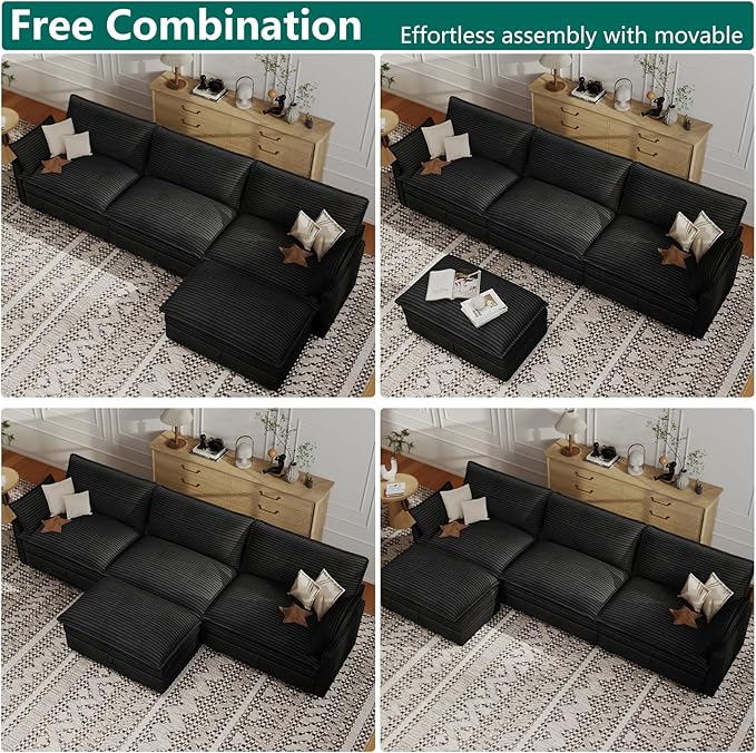 Modular Sectional L Shaped Sofa Couches with Storage Ottoman, Cloud Couch for Living Room, Comfy Sofa with Pillow, Dark Black