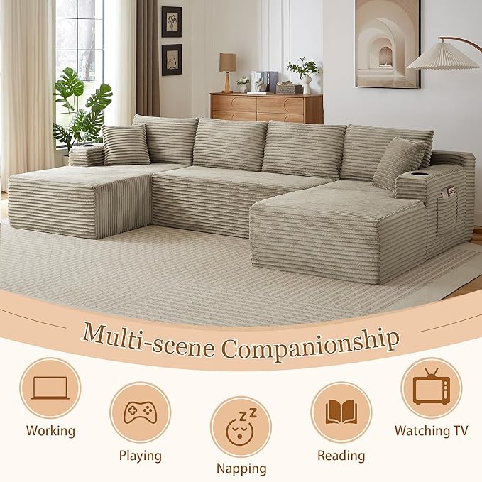 134 Inch Modular Sectional Sleeper Sofa, Boneless Cloud Couch for Living Room, U Shaped 5 Seat Sofa with 2 Storage Pockets& 2 Cup Holders, Free Combination, No Assembly Required