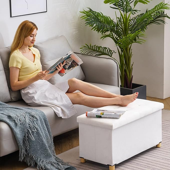 30 Inches Folding Storage Ottoman Bench, Velvet Storage Chest, Footrest Couch with Wooden Legs, Support 350lbs for Bedroom, Living Room, Hallway, White