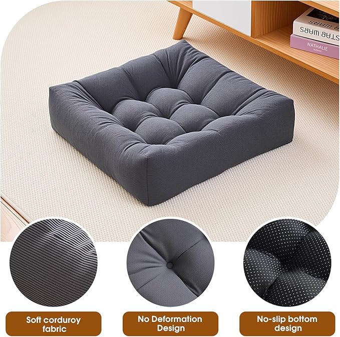 Tikuns 4Pcs Floor Pillows for Adults, 22 * 22 Inch Meditation Cushions, Large Square Sitting Cushion Living Room Memory Foam Pillow for Sitting (4, Grey, 22x22x4 Inch)