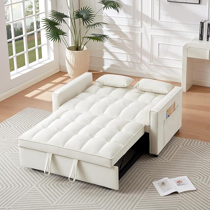 3 in 1 Convertible Sleeper Sofa Bed, Futon Couches for Living Room with Side Pocket | Adjustable Backrest| Velvet Fabric | Pull Out Couch | Love seat Sofa|2-seat Sofa Bed (GEIGE)