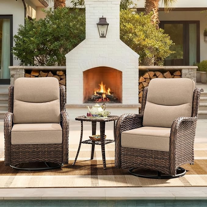 HILLGA Luxury Patio Furniture Set with 6-inch Thick Cushion, Outdoor High Back Swivel Rocker Patio Chairs, 3PCS Wicker Conversation Set for Deck Yard and Poolside, Beige (V2)