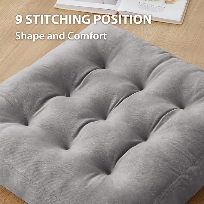 SM-XLHN Meditation Floor Pillow Set of 2, Square Large Pillows Seating for Adults, Meditation Cushion Pillow,Tufted Corduroy Cushion for Tatami Living Room or Yoga, Light Gray, 22x22 Inch