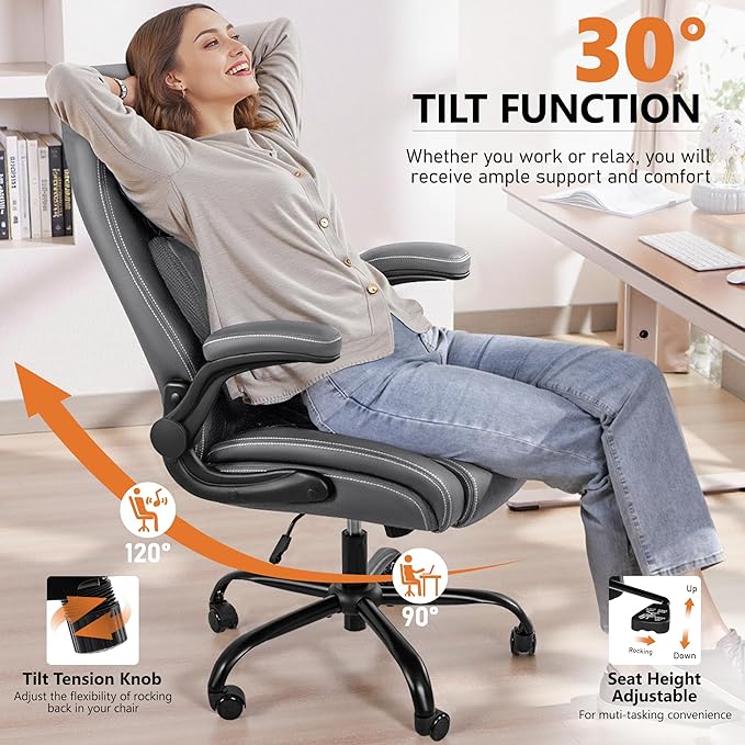 BESTFAIR Office Chair, Executive Computer Desk Chair with Lumbar Support for Lower Back Pain Relief, Ergonomic Leather Home Chair Comfy with Padded Flip-up Arms and Adjustable Armrests, Gray