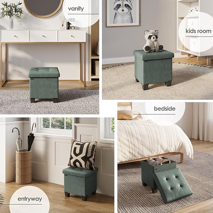 Storage Ottoman Cube with Small Bin, 16-in Square Ottoman with Storage for Living Room and Bedroom, Small Ottomans Foot Rest, Faux Leather Foot Stools Ottomans Max 330lbs, Green