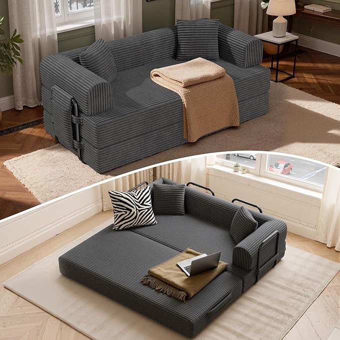 Convertible Coarser Corduroy Sleeper Sofa Bed with Cylindrical Pillow, Folding Mattress Couch with Fixed-Shape Frame, Floor Sofa Lounge Couch for Living Room Bedroom Lounge Studio, Dark Grey