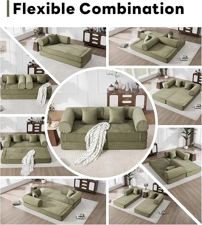 Tbfit Boneless Sofa Bed, Corduroy Compress Couch with Wide Armrests & 2 Pillows, Deep Seat Couches for Living Room