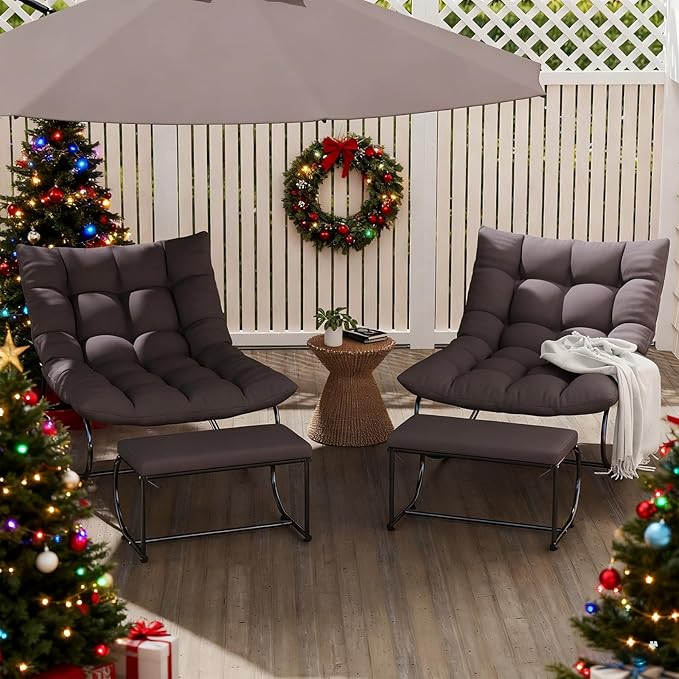 DAYAOUTDOOR 2 Piece Outdoor Rocking Chairs with Ottoman, Patio Oversized Rocking Egg Chair with Cushion, Papasan Chair Set of 2 for Outside, Outdoor Padded Chairs, Grey