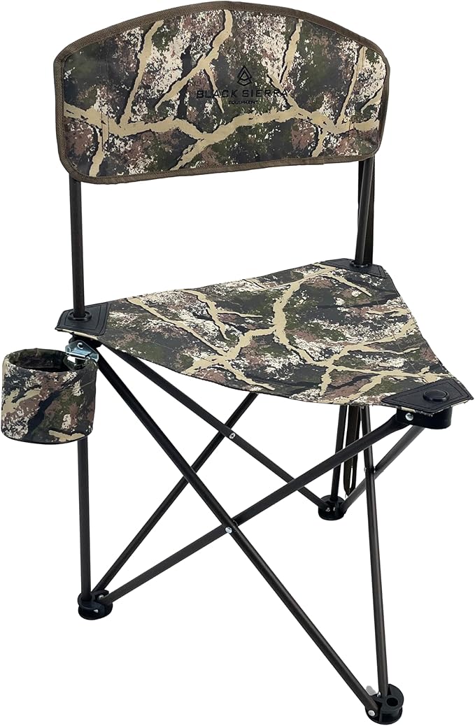 Black Sierra Tri-Lite Stool w/Back, Lightweight Portable Fishing Chair w/Cupholder and Carry Strap, Supports 225-Lb, Portable Outdoor Chair for Hunting, Camping, Travel, Hiking