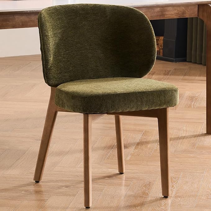 YOUNUOKE Upholstered Dining Chair, Modern Chenille Fabric Dining Room Chair with Wood Legs, Widen Backrest Comfy Side Kitchen Chairs, Green (Single Pack)