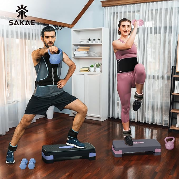 Aerobic Stepper Set with Dumbbells & Measuring Tape, Adjustable Height 2 Level Risers Workout Exercise Step Platform, 4 Colors, the Ultimate Gift for a Joyful Holiday and Merry Christmas