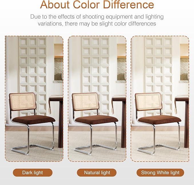 Zesthouse Rattan Dining Chairs Set of 2, Mid Century Modern Dining Room Chairs with Natural Cane Mesh & Chrome Base, Brown Cesca Chair for Kitchen, Breuer Design Inspired, Upholstered Chenille Fabric