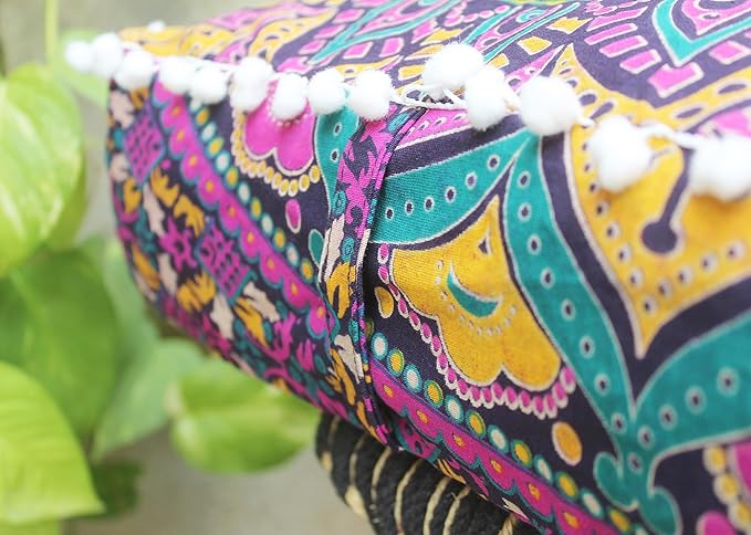 CRAFT KALA Large Hippie Mandala Meditation Floor Ottoman Pillow Cushion Pouf Cover Square Poufs Bohemian Circle Floor Cushion Case Outdoor Fireplace Yoga Living Room Decor Cover New Pink, 16" Square