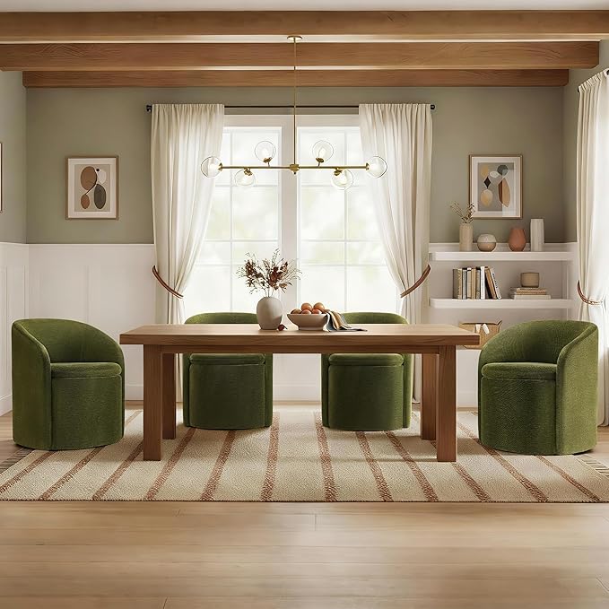 Upholstered Dining Chairs with Casters, Rolling Modern Dining Room Chairs with Hidden Storage & Barrel Backrest, Easy Assembly Accent Chair for Bedroom, Living Room, Dressing, Green Fabric,4PCS