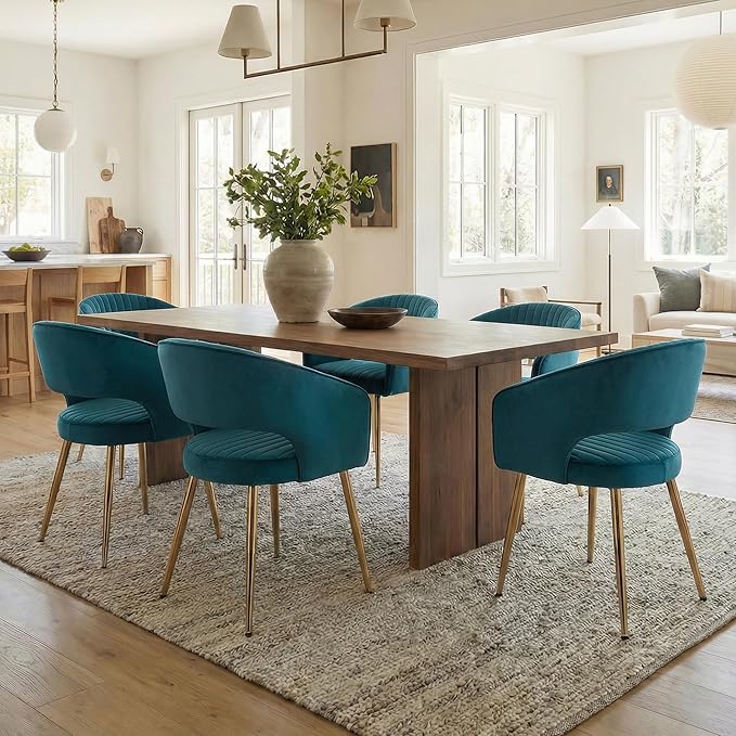 COMULER Teal Velvet Dining Chairs Gold Legs, Modern Dining Room Chairs with Arms Set of 4 Upholstered Accent Chair Armchair with Barrel Back for Kitchen Living Room