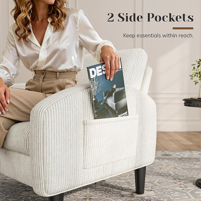 Accent Chair Set of 2,Comfy Living Room Chair with 2 Side Pockets,Mid Century Modern Reading Chair for Bedroom,Upholstered Armchair for Office, Apartment, Small Room,Beige