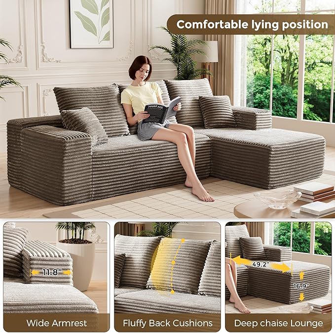 HYJT H&K Modular Sectional Sofa Cloud Couch, 107" Comfy L Shaped Sectional Couches for Living Room, Deep Seat Memory Foam Plush Fluffy Corduroy Boneless Couch Sectionals Right Facing Sofa Chaise Camel