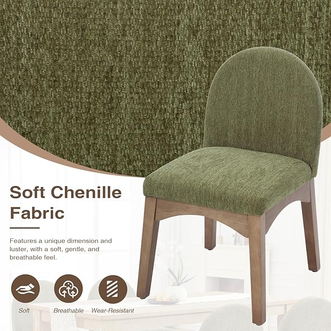 DUOMAY Modern Dining Chairs Set of 2, Mid Century Chenille Upholstered Dining Room Chairs Kitchen Chairs with Solid Rubberwood Legs, Armless Accent Side Chairs, Green