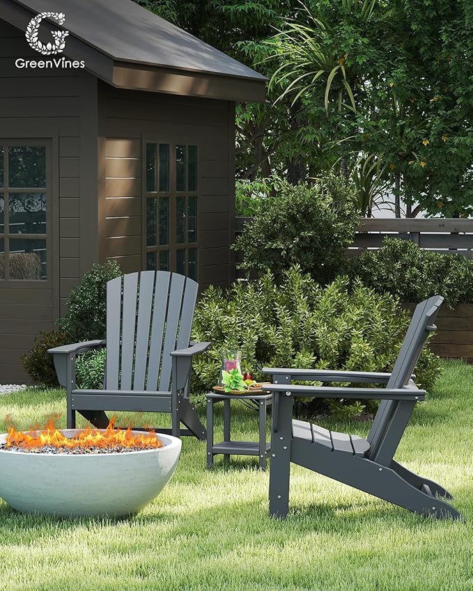 GREENVINES Adirondack Chairs Set of 4 | HDPE Plastic | Oversized Fire Pit Chair | All Weather | Grey | Poly Lumber | for Outdoor Deck Backyard Patio Garden