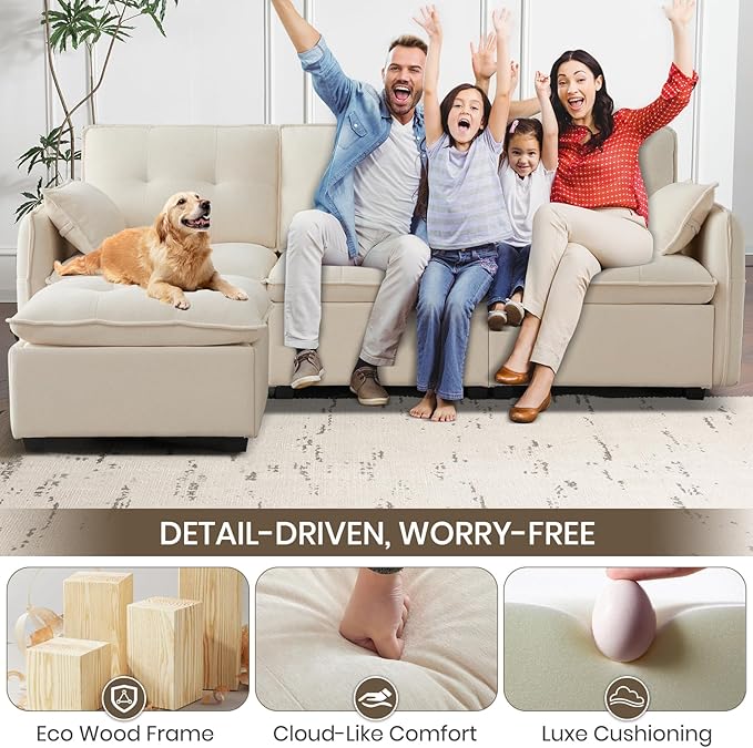 PALLOME 96" Modular L-Shaped Sofa - 3-Seat Cloud Couch with Movable Ottoman, Extra Deep Seat Sofa Couch with Throw Pillows for Living Room & Small Spaces (Beige, 3-Seat + Ottoman)