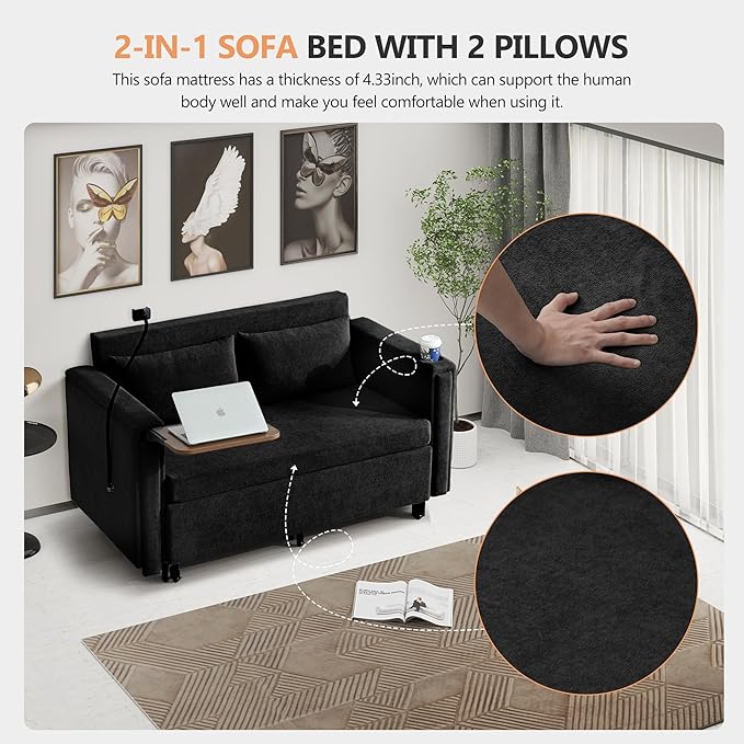ORRD Pull Out Sofa Bed, 2-in-1 Multi-Functional Sleeper Couch Small Loveseat Bed with Hidden Side Table, Phone Holder and Cup Holder for Living Room, Small Space, Apartment (Black)
