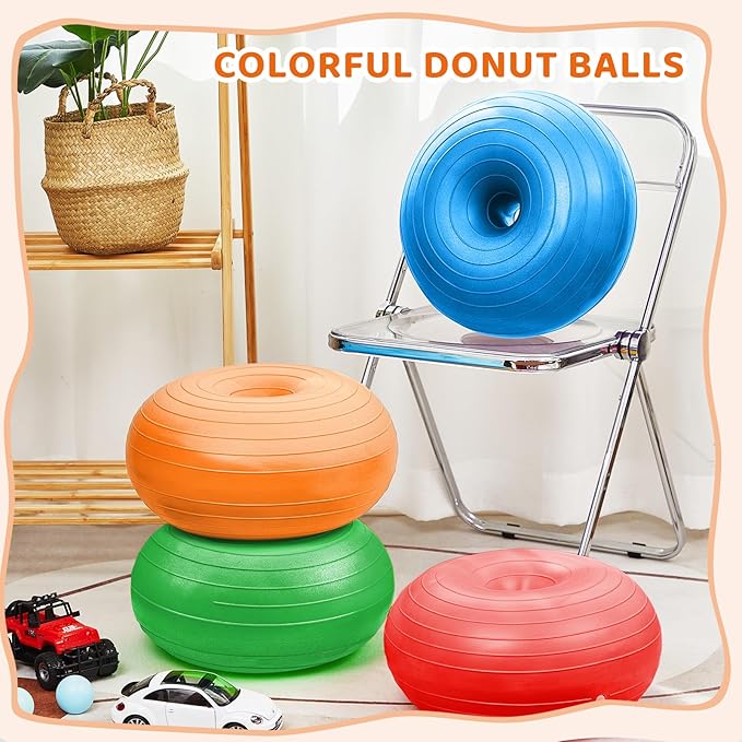 Lewtemi 4 Pcs Flexible Seating for Classroom Elementary 20 Inch Yoga Ball Chair Inflatable Donut Ball Chair with Inflator for Kids Student Sensory Balance Office Exercise