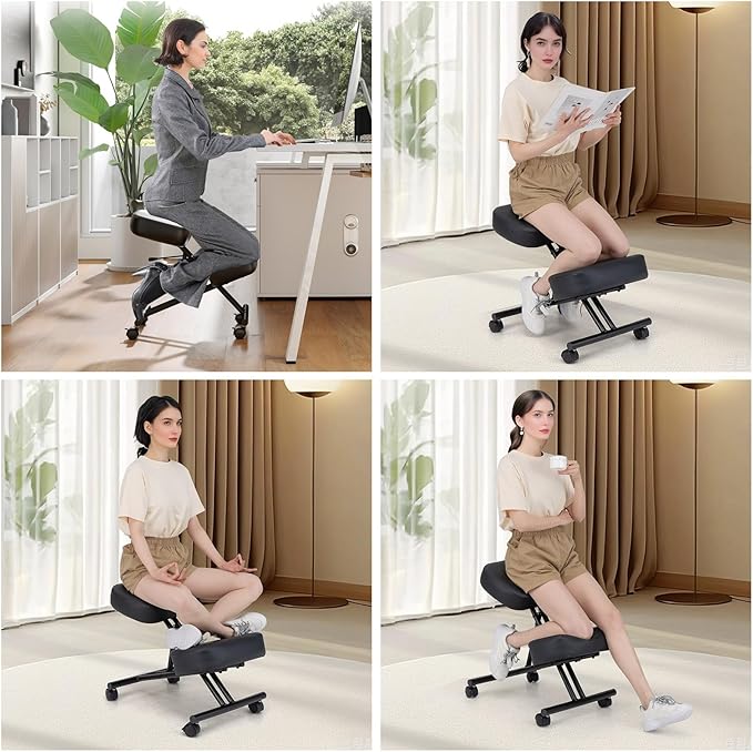 Goplus Kneeling Chair, Upholstered Mobile Desk Chair w/Adjustable Height, Thickened Sponge Cushion, 4 Lockable Universal Wheels, Office Home Padded Stool with Angled Seat, Black (2)