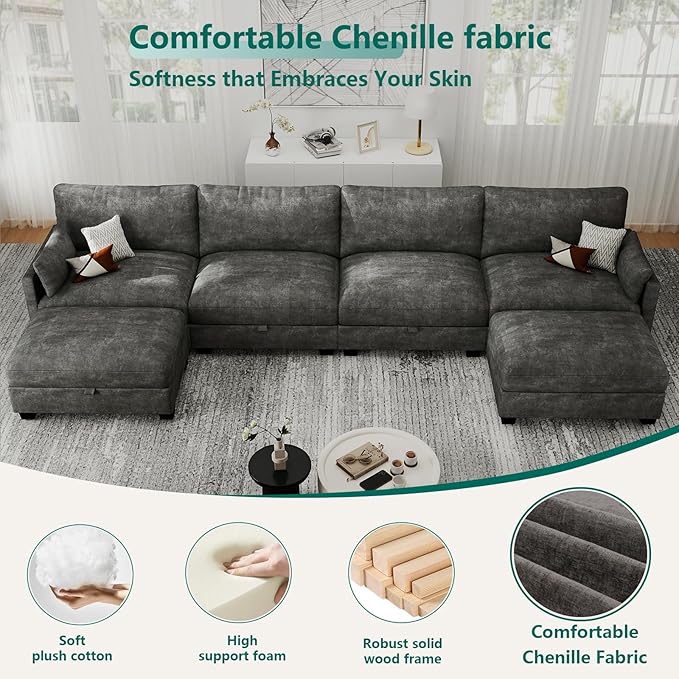 Modular Sectional U Shaped Sofa Couches for Living Room, Cloud Couch with Storage Ottoman, Comfy Chenille Sofa with Pillow, Dark Gray