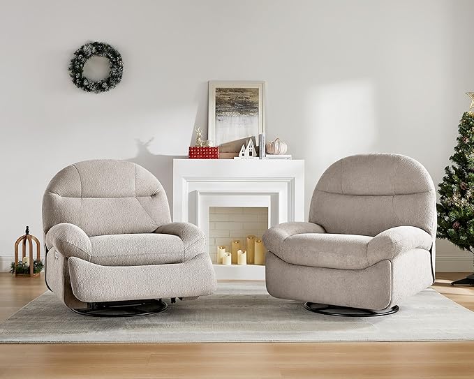 VANOMi Power Recliner Chair with Charging, 270° Swivel Glider Rocker, Electric Nursery Recliner for Living Room, Bedroom, and Office, Camel, Set of 2