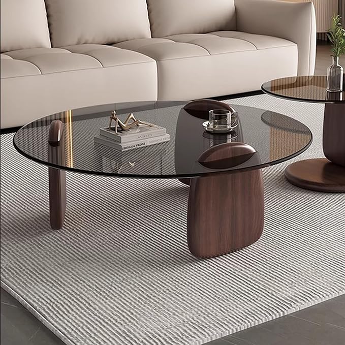 EASYSOUL Modern Round Coffee Table with Glass Top, 35.43" L x 35.43" W x 14.69" H, Circular Tea Tables for Living Room Home Office Industrial Cocktail Tables (Walunt-Grey Glass/35.43")