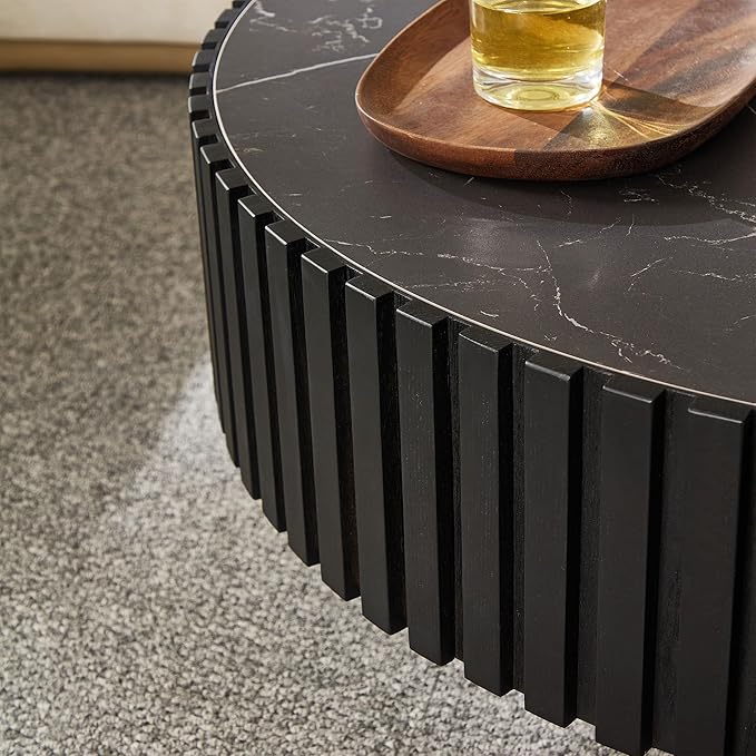 35.43''/90CM Modern Drum Coffee Table, Luxury Circle Wood Coffee Table for Apartment,Small Space (Black, Ø35.43 x 13.77 Sintered Stone Tabletop)