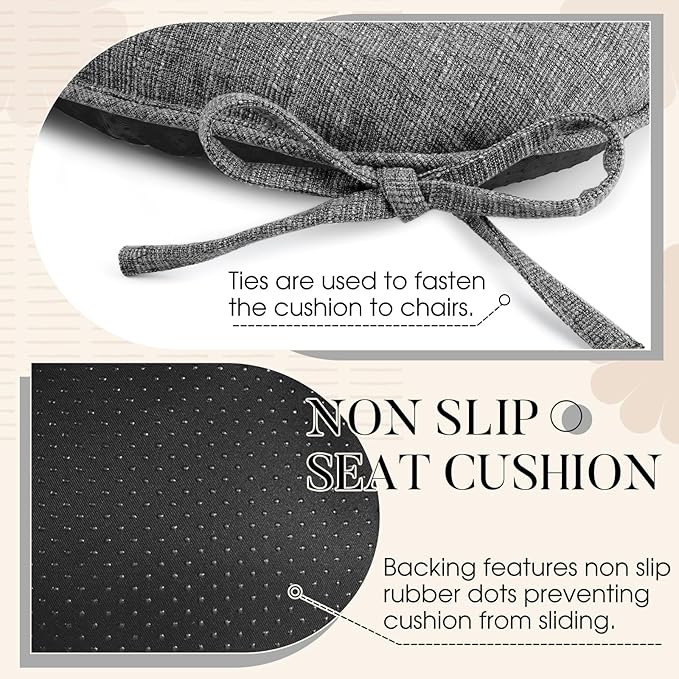 Basic Beyond Chair Cushions for Dining Chairs 6 Pack, Chair Cushion with Ties and Non Slip Backing, 15.5 x 15.5 inches Tufted Chair Pads for Dining Chairs, Dark Grey