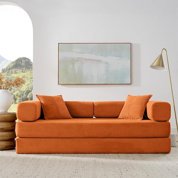 78" Convertible Sleeper Sofa Bed, Corduroy Folding Sofa Bed with Fixed-Shape Frame, Fold Out Floor Mattress Couch, Lazy Compression Sofas for Living Room, Bedroom, No Assembly Required, Orange