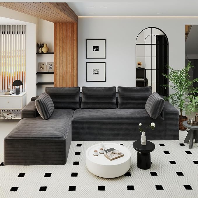 KAPEETOO Modular Sectional Sofa Cloud Couch with Chaise Longue, Left L Shaped Boneless Couch with Deep Seat, Oversize 3-Seater Boneless Sofa Set for Living Room Bedroom (Grey)