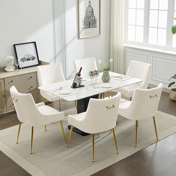 WUTUTUEE Velvet Dining Chairs Set of 6 Gold Legs,Upholstered Velvet Accent Chairs, Pleated Back Design & Gold Pull Handle, Mid Century Modern Chairs for Dining/Kitchen/Living Room,Beige