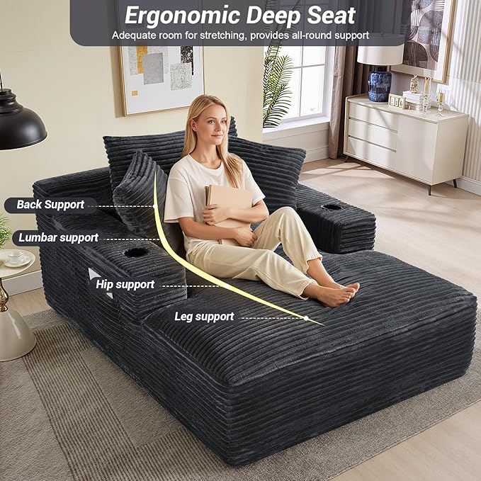 50"W x 68"D Oversized Chaise Lounge Chair Indoor Boneless Reading Chair Plush Corduroy Recliner with Cup Holders Large Deep Seat Comfy Sofa Bed Couch with 3 Pillows for Living Room Bedroom, Dark Gray