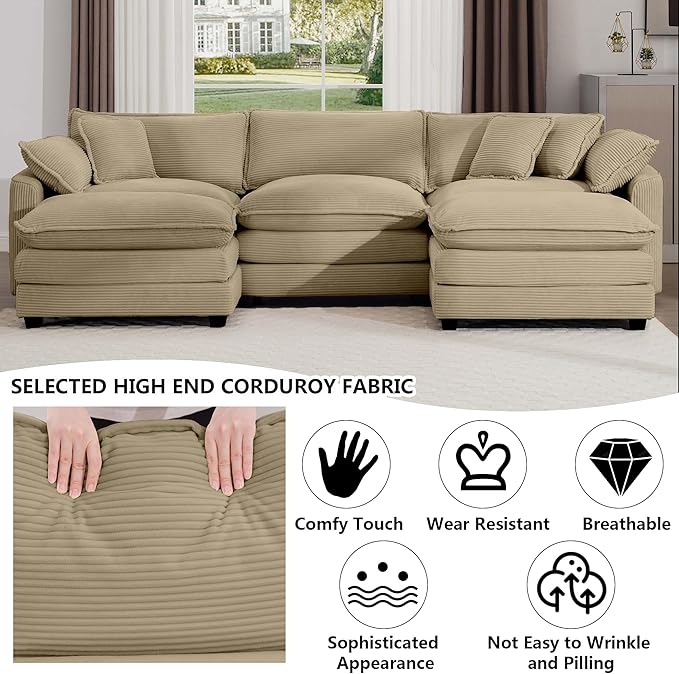 Aoowow Corduroy 3 Seater Couch with Ottomans,Modern Large Cloud Couches for Living Room,U Shaped Modular Sectional Cloud Sofas Deep Seat,U Shape Oversized Tufted Sofa Set (Tan, 3 Seater + 2 Ottoman)