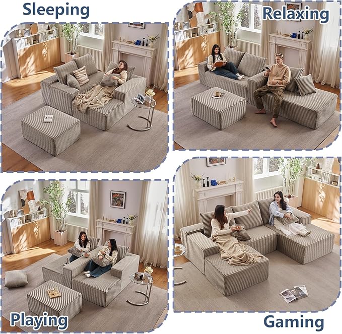 107" W Cloud Sectional Couch with Ottoman,Modern U-Shaped Cloud Couch with Deep Seat,Comfy Corduroy 3-Seater Sofa,Memory Foam Sofa for Living Room,No Assembly (Camel,Right-Facing Chaise)