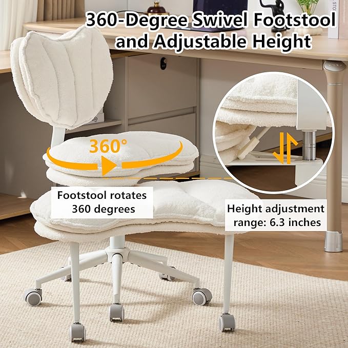 Meditation Chair with Lumbar Support,360° Swivel Cross Legged Chair with Wheels, Ergonomic Cross Legged Office Chair for Adults with ADHD, Height-Adjustable, Double Layer Design,Teddy Fabric, Ivory