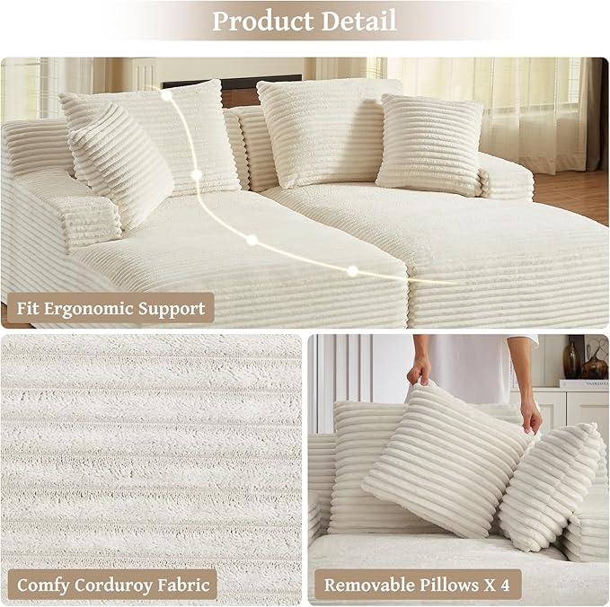 VEPXXP 80" Double Chaise Lounge Chair Indoor, Oversized Boneless Couch Comfy Upholstered Sleeper Sofa Bed with 4 Pillows, Corduroy Cloud Loveseat Chair for Living Room No Assembly Required, White