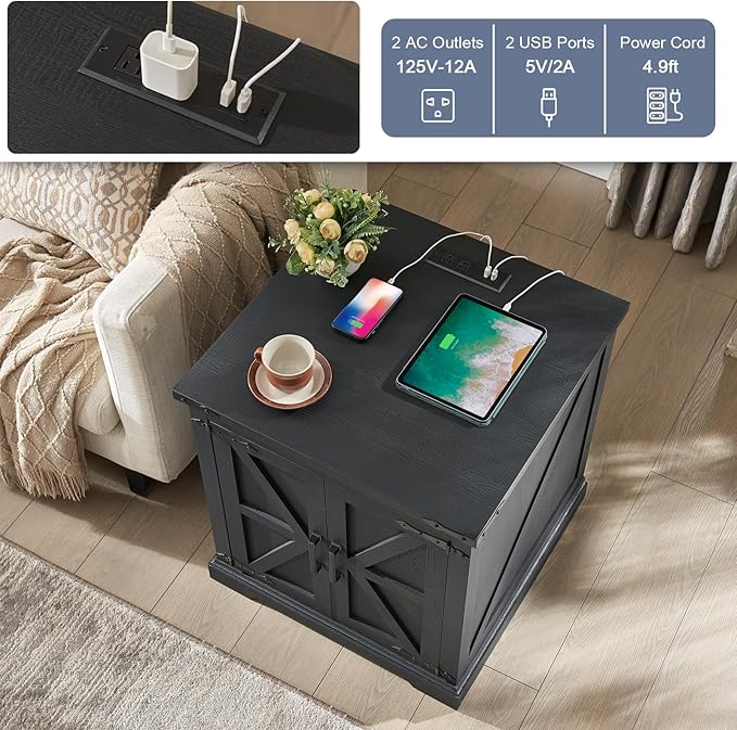 Barnyatoh Farmhouse End Table with Charging Station,24" Large Sofa Side Table with Barn Door, Rustic Wood Square Nightstand Bedside Table with Adjustable Storage Shelf for Living Room, Bedroom,Black