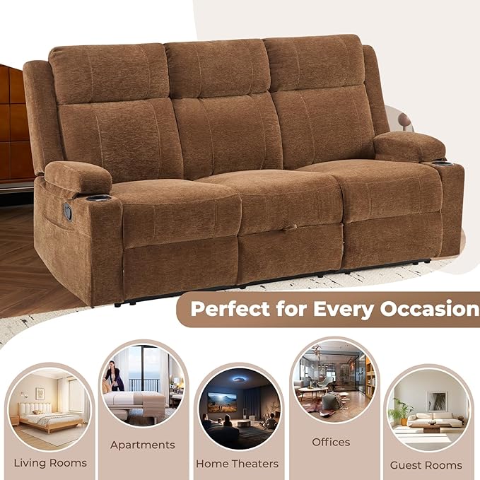 PALLOME Chenille Reclining Sofa 3-Seater with Convertible Table, Storage Ottoman & Cup Holders | Modern Space-Saving Couch, Ergonomic Living Room Furniture (Brown)