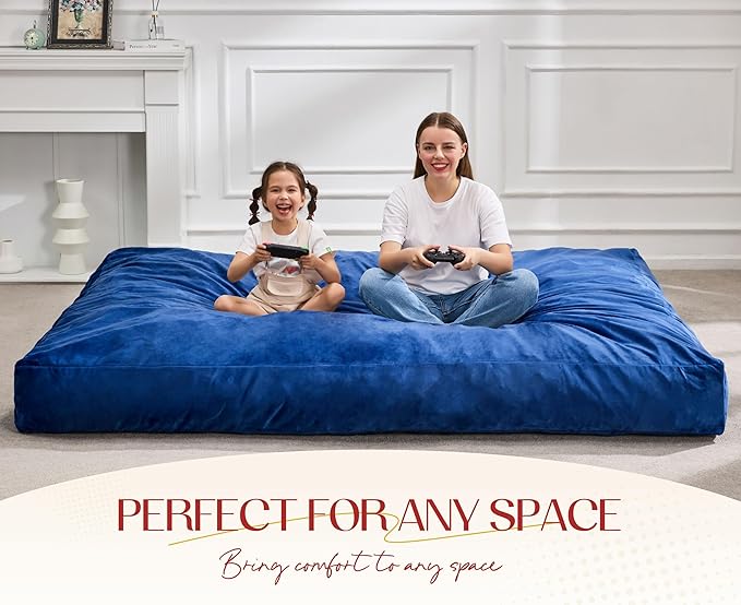 Hobestluk Giant Bean Bag Chair Bed for Adults, Large Bean Bags with High-Density Foam Filling, Convertible Big Sofa Bed Couch for Living Room, Bedroom, Playroom (Blue, Queen)